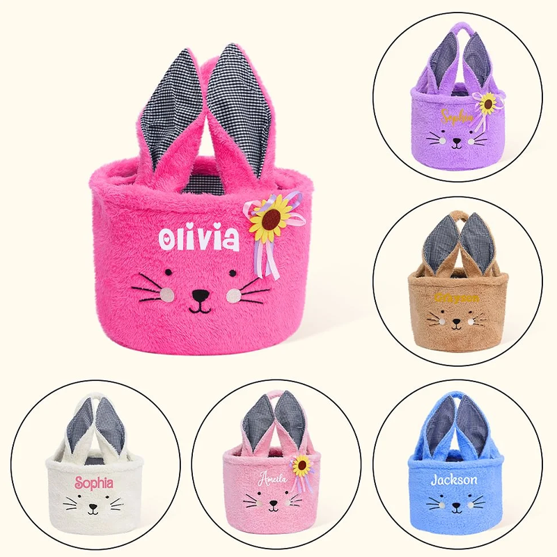 Personalized Cute Plush Bunny Easter Basket with Name Easter Egg Hunting Gift for Kids