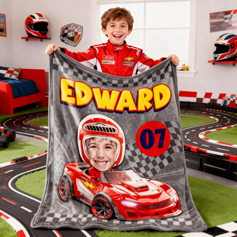 Personalized Race to My Heart Red Racing Car and Helmet Design  Custom Blanket Gift for Son and Grandson