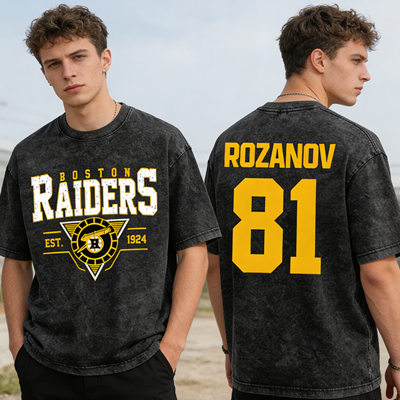Personalized HR Theme Boston Raiders Ice Hockey Washed T-Shirt for Hockey Enthusiasts