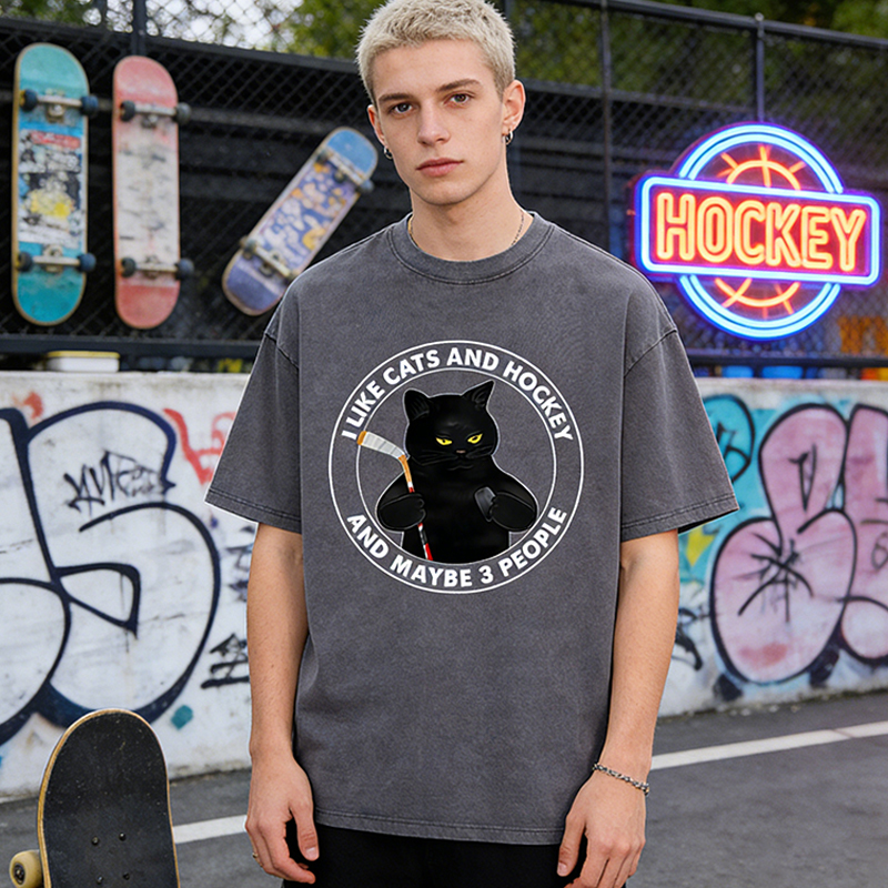 Personalized Funny Cat and Hockey Lover Washed T-Shirt with Custom Name and Number