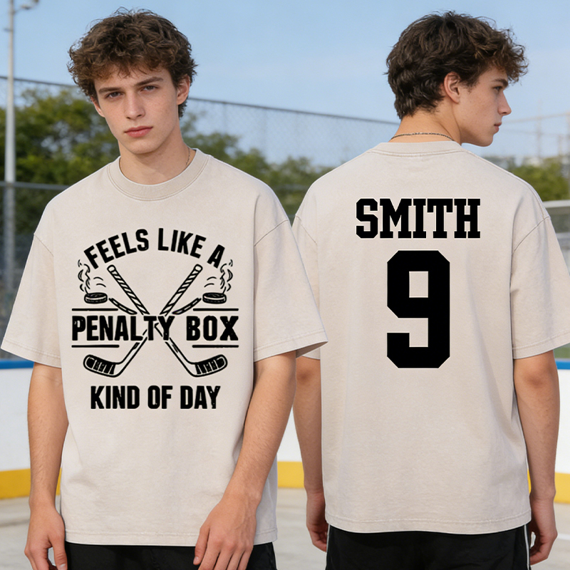 Personalized "Penalty Box Kind of Day" Hockey Washed T-Shirt with Custom Name and Number