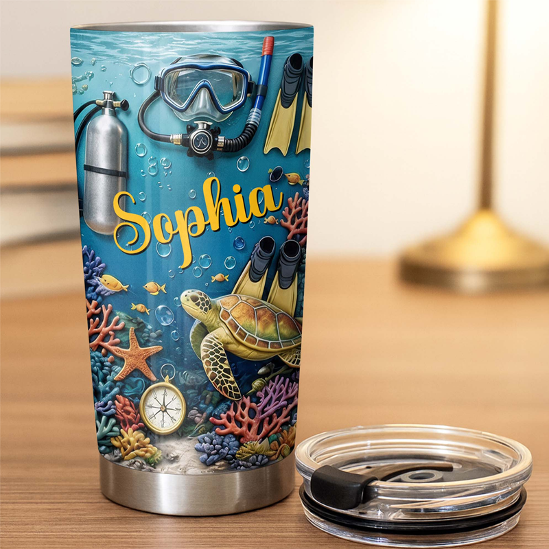 Personalized 2D Flat Explore the Ocean Mysteries Turtle and Marine Life Personalized Custom Stainless Steel Tumbler Gift for Ocean Lovers