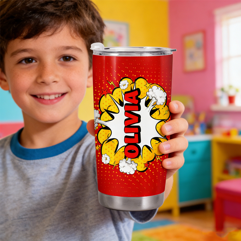Personalized 2D Flat Burst of Name in Tropical Style with Comic Style Explosion Personalized Tumbler Gift for Kids