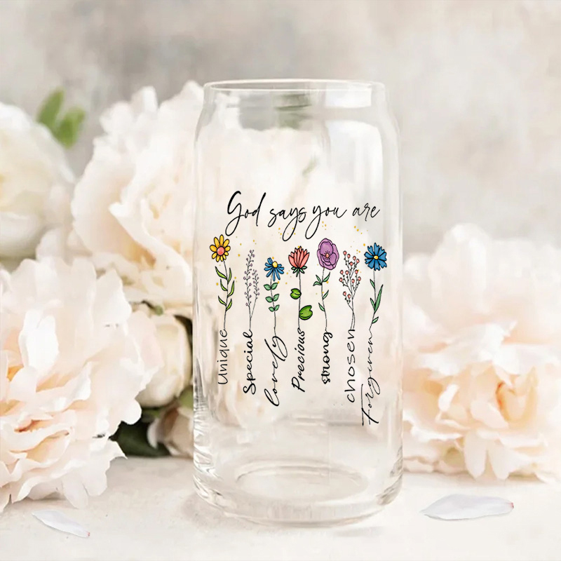 Personalized Wild Flower Glass Coffee Cup with Name Custom Christian Faith Birth Flower Tumbler Party Favor Gift for Women Girls Trip Gift for Her