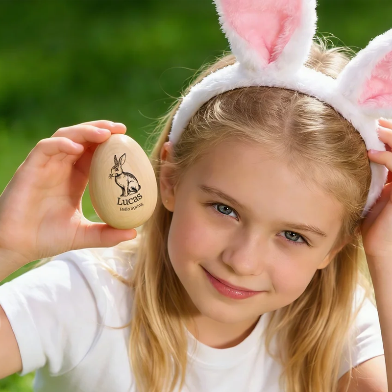 Personalized Happy Spring Bunny Wooden Easter Egg with Engraved Name Easter Basket Stuffers Home Decor Party Favors Gift for Kids