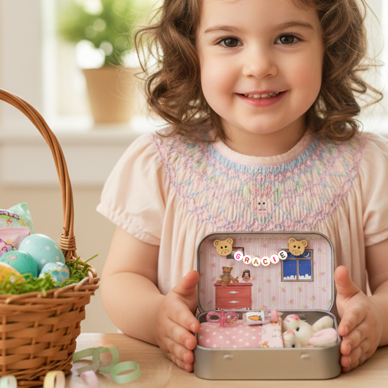 Personalized Easter Bunny Plush Set with Custom Name Bead Chain and Tin Box Room Perfect Gift Basket Filler