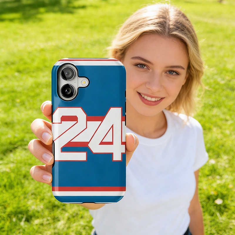 Personalized HR Theme Retro Blue Hockey Jersey Phone Case for Team Supporters and Game Day Enthusiasts