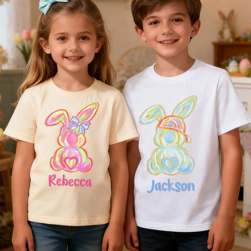 Personalized Fluorescent Graffiti Bunny 100% Cotton Kid T-shirt with Name Party Outfits Photo Props Easter Children's Day Gift for Toddlers Kids