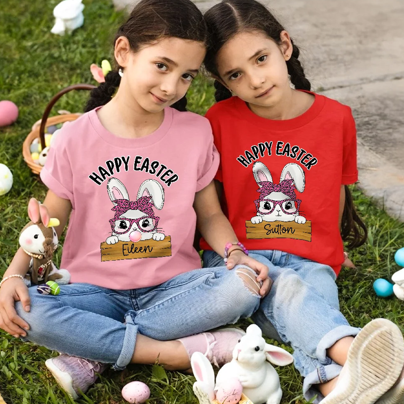 Personalized Happy Easter Cute Bunny 100% Cotton T-shirt with Name Easter Party Gift for Boys Girls