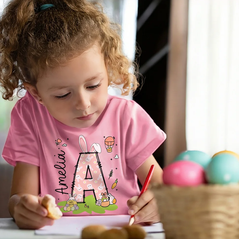 Personalized Cute Bunny Initial 100% Cotton Kid T-shirt with Name Easter Egg Hunt Easter Gift for Boys Girls