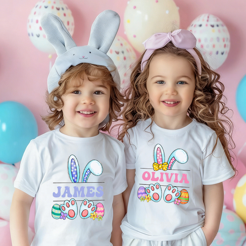 Personalized Cute Bunny Happy Easter Custom Shirt 100% Cotton Kid T-shirt with Name Easter Egg Hunt Easter Gift for Boys Girls
