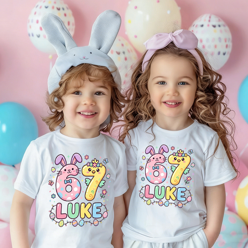 Personalized Cute Bunny 67 Easter 100% Cotton Kid T-shirt with Name Easter Egg Hunt Easter Gift for Boys Girls