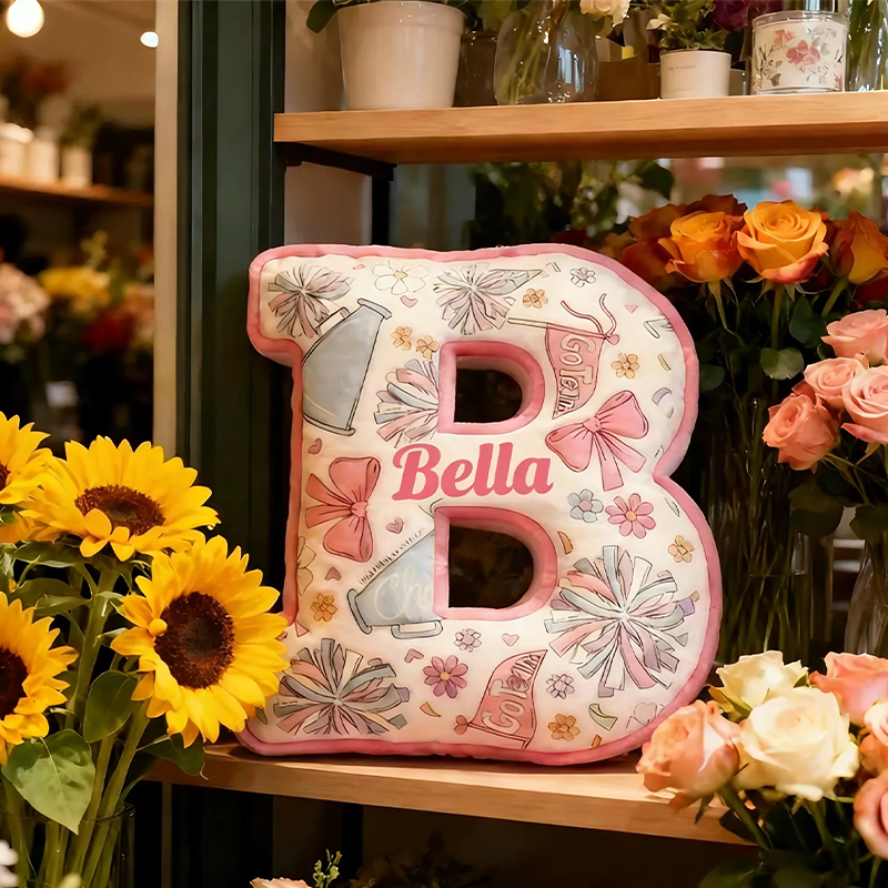 Personalized Cheerleading Initial Pillow with Custom Name and Cheer Theme Design