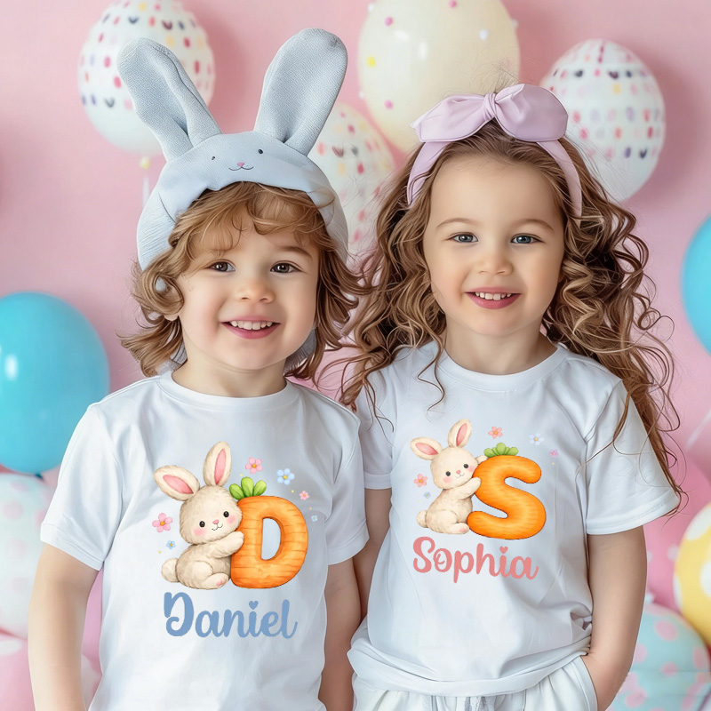 Personalized Easter Bunny Carrot Letter Custom Name Cute Spring Celebration Gift Kid T-shirt