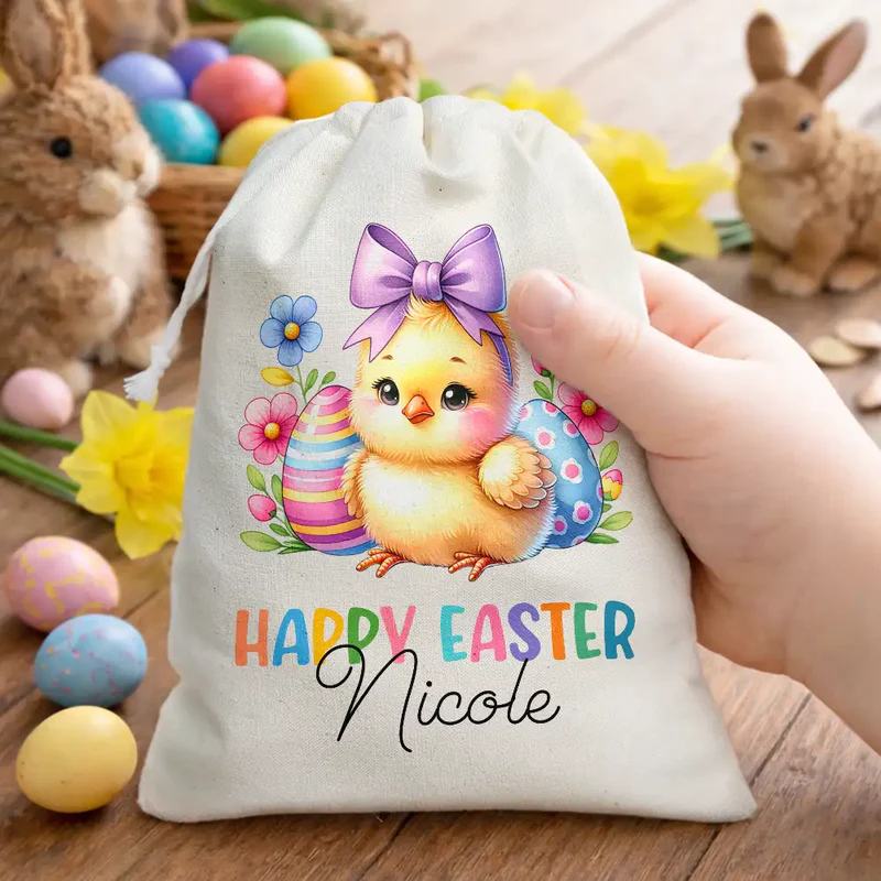 Personalized Happy Easter Watercolor Bunny Favor Bag Easter Party Favors Bunny Drawstring Bags Reusable Easter Bags