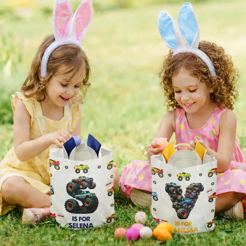 Personalized Kid Monster Truck Toy Container Monogram Initial Bunny Ears Bucket Bag Easter Gift for Kids