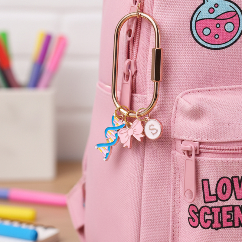 Personalized Science Bag Charm Trendy Bow Purse Keychain Monogram Initial Gift for Tween Girl Chemistry Accessory Stocking Stuffer Cute Keyring