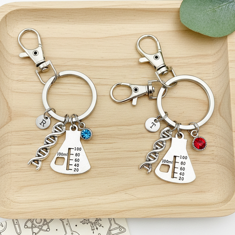 Personalized Science Charm Keychain for Kids Custom Name Initial and Birthstone Metal Charm Cute Lab Equipment Gift DNA  Beaker  Microscope Gift for Lab Tech or Student