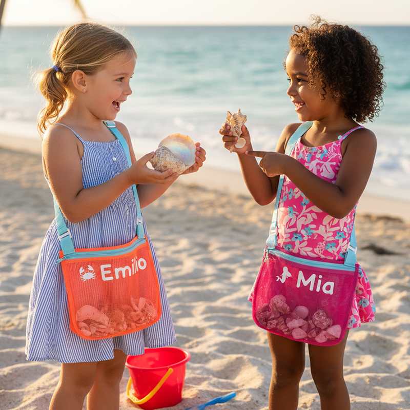 Personalized Seashell Zipper Mesh Back Pack Tote Custom Name and Shell Print Lightweight Washable Travel Pool Bag for Toddlers Kids Zip Beach Bag Monogrammed Backpack Sea Shell Bags Summer Pool Accessories