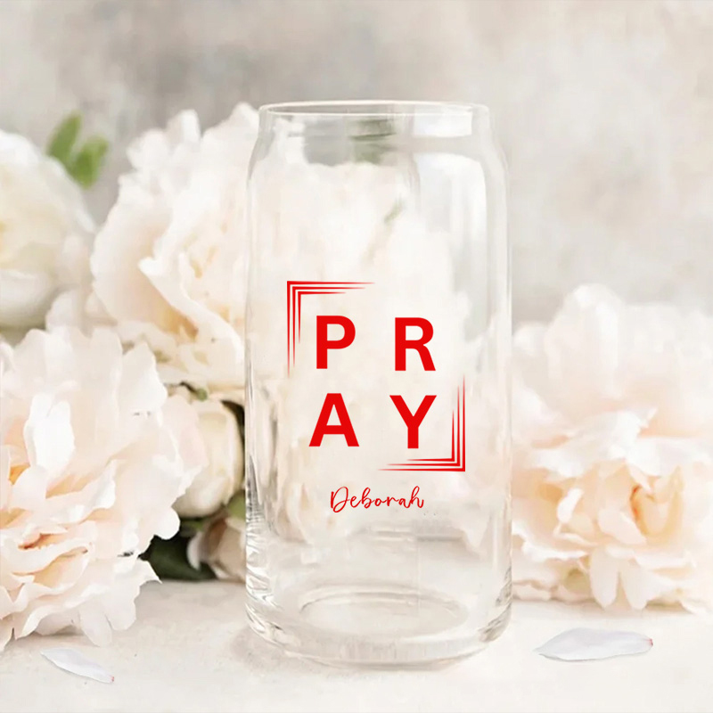 Personalized Christian Pray Glass Cup with Lid and Straw Birthday Religious Baptism Gift for Family Friends Christians