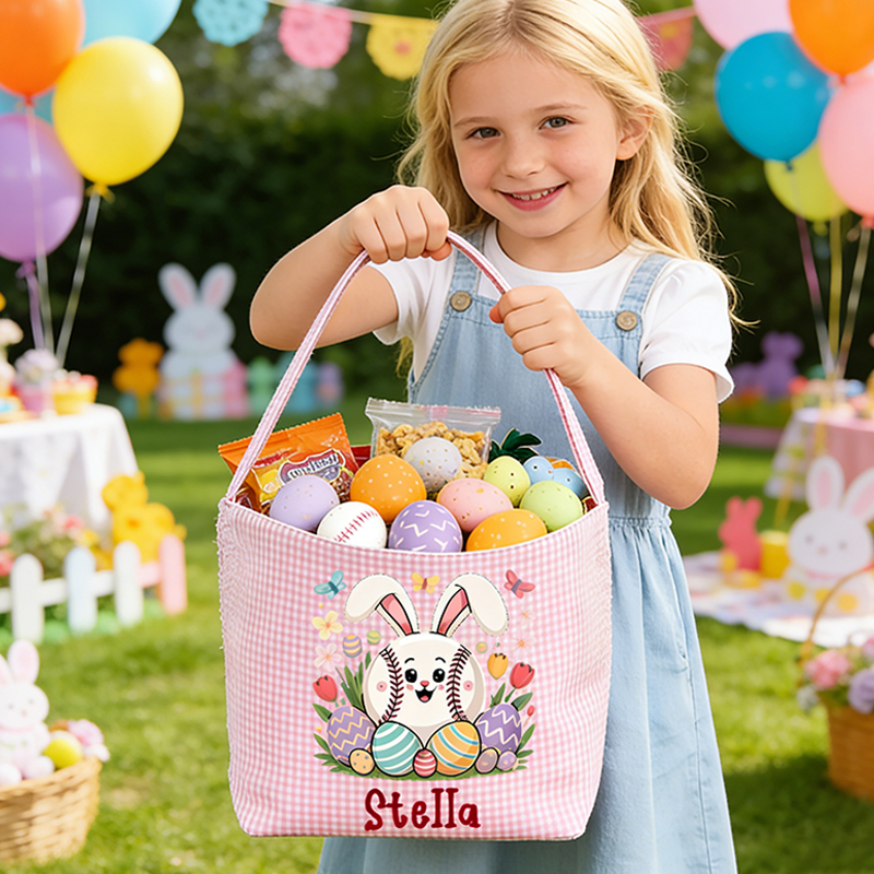 Personalized Easter Baseball Bunny & Egg Basket - Custom Name Tote for Girls and Boys