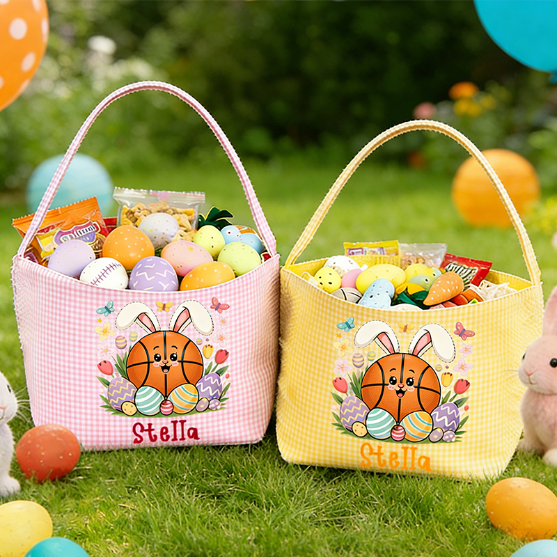 Personalized Basketball Bunny Easter Basket with Custom Name Gingham Tote for Kids Easter Gifts