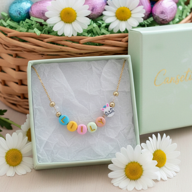 Personalized Kids Easter Name Necklace Gold-Plated Custom Letter Choker  Bunny Daisy Heart Easter Basket Stuffer for Girls