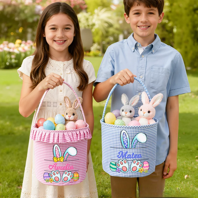 Personalized Multi-Color Cute Rabbit Large Capacity Plaid Easter Basket with Name Easter Egg Hunting Party Favor Gift for Boys Girls