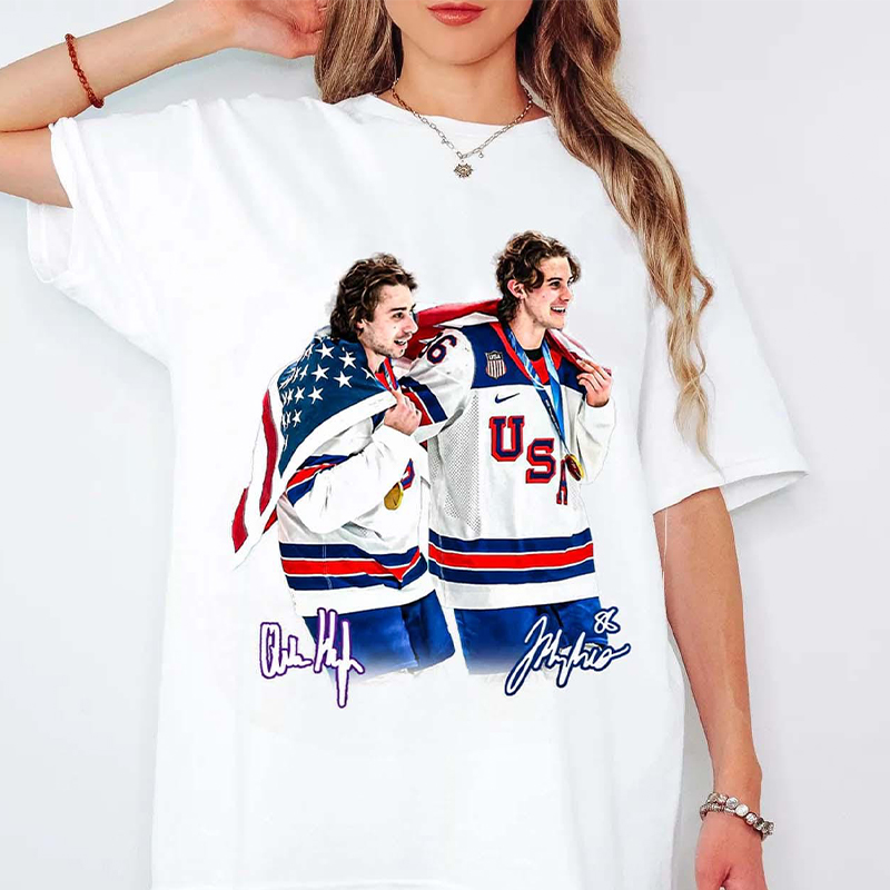 Personalized USA Hockey Gold Medal Duo Celebration T-Shirt for USA Hockey Enthusiasts