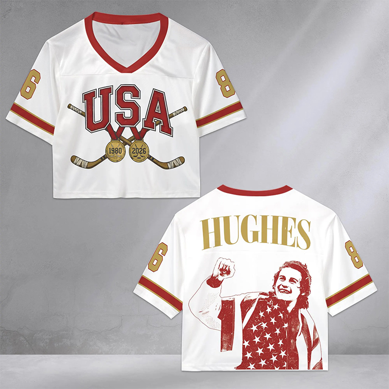 Personalized Hughes USA Hockey Crop Top Jersey Patriotic American Pride Shirt for Hockey History Fans