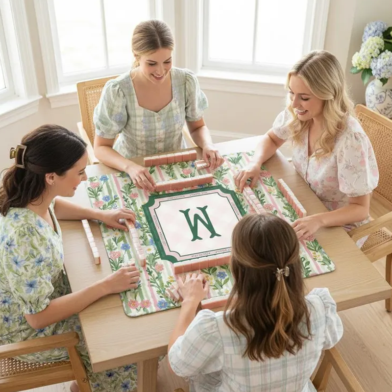 Personalized Pink Flower Mahjong Mat Custom Name Waterproof Non Slip Elegant Table Protector Gift Mahjong Mat