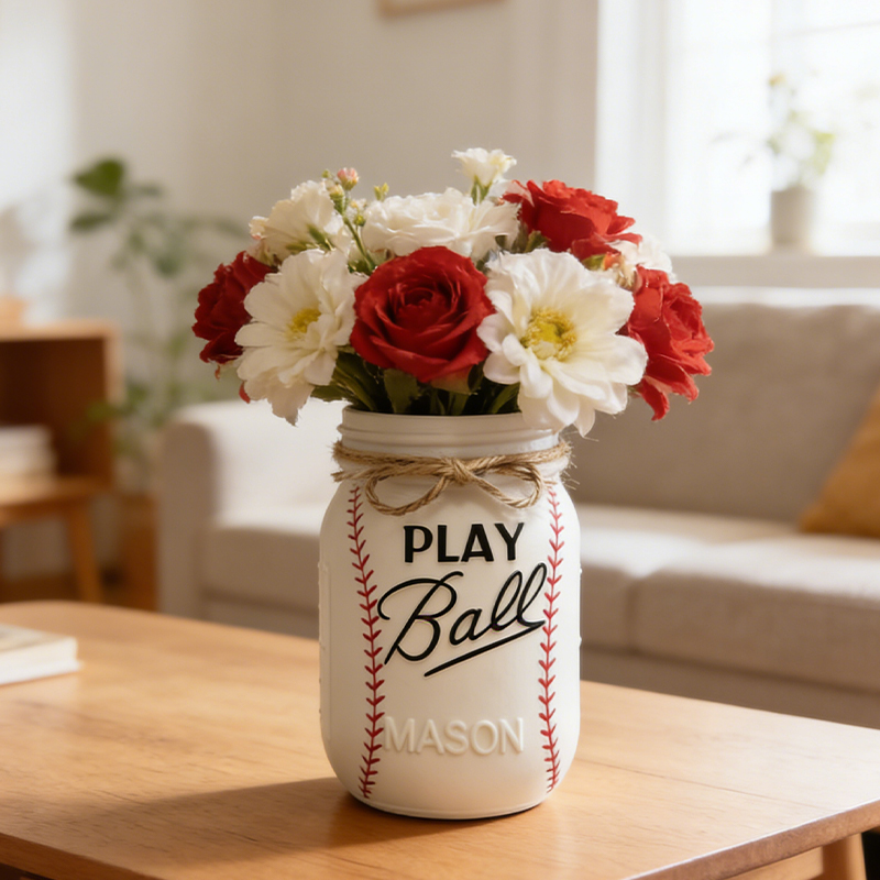 Personalized Baseball 3D Printed Vase with Custom Name for Sports Fans and Families Mothers Day Gift