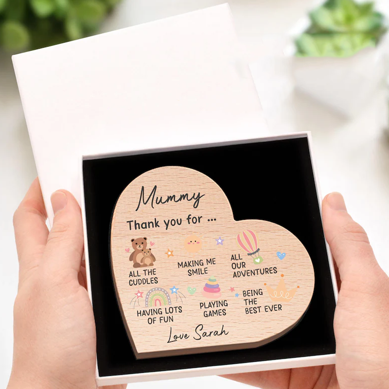 Personalised Mummy Gifts From Baby Son Daughter Custom Wood Heart With Grey Bag Lovely First Mothers Day Gift