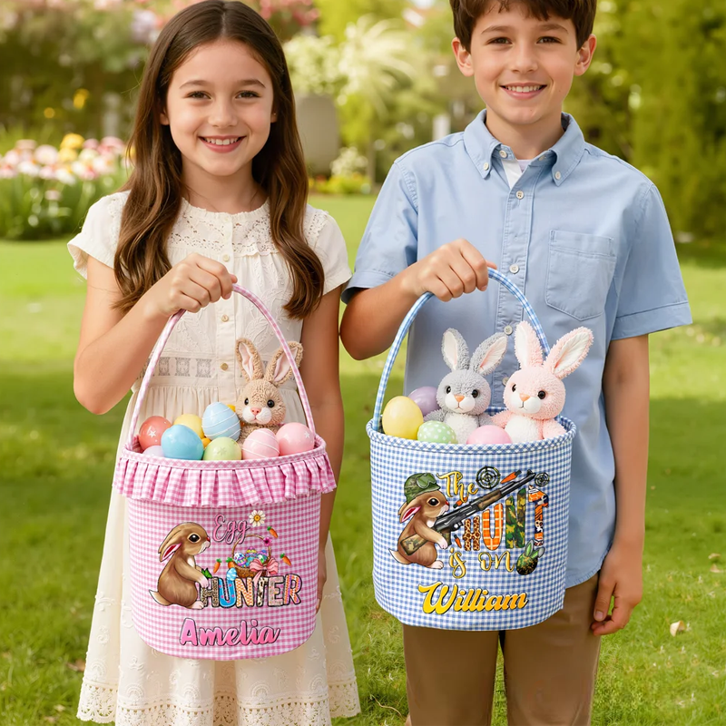 Personalized Cute Bunny Camouflage Flower Plaid Easter Basket with Name Easter Egg Hunt Easter Gift for Boys Girls