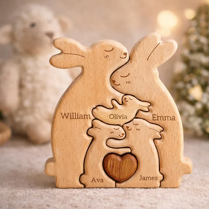 Personalized Wooden Rabbit Family Puzzle Custom Name Engraved Bunny Decor Wood Nursery Keepsake Nursery Room Decor Kids Birthday Gift