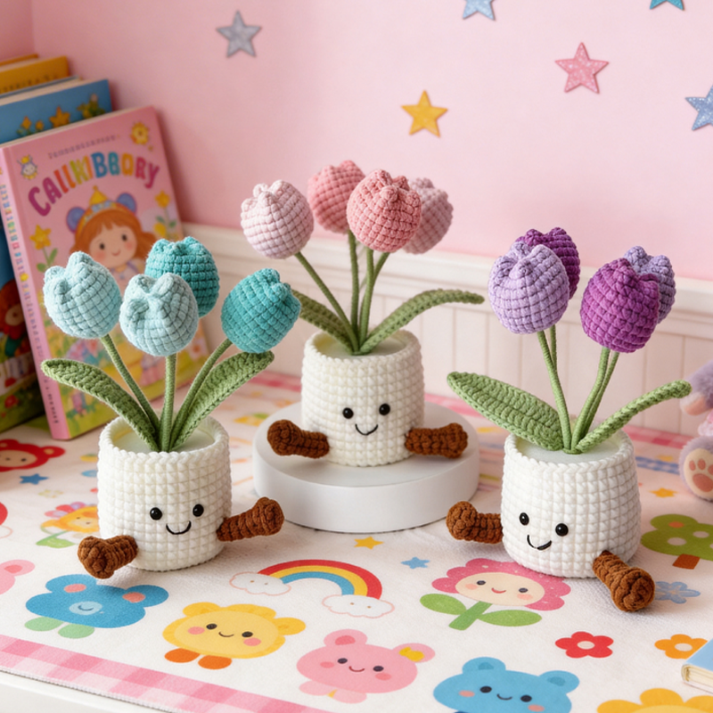 Handmade Crochet Tulip Flower Pot Pink Purple Orange or Blue Cute Gift for Her Girlfriend Friend Colleague Crochet Rose Bouquet
