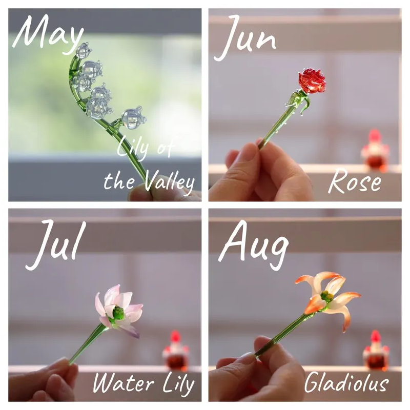 Hand Blown Glass Flower Bouquet with Birth Month Heart & Birthstone – Topper Mother's Day Gift for Her