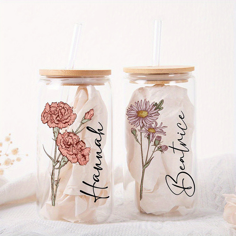 Personalized Birth Flower Glass Tumbler with Straw Custom Mother's Day Gift for Mom Bridesmaid Proposal, Party Favor, Gifts for Her
