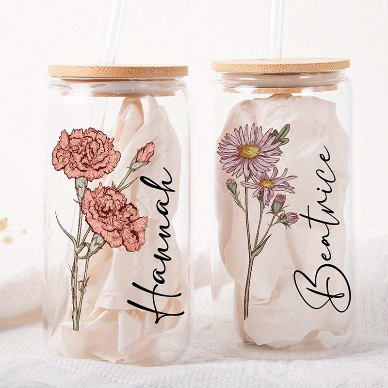 Personalized Birth Flower Glass Tumbler with Straw Custom Mother's Day Gift for Mom Bridesmaid Proposal, Party Favor, Gifts for Her
