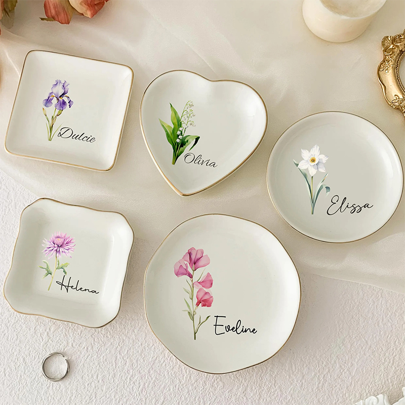 Personalised Birth Flower Trinket Dish Custom Watercolor Flower Ring Dish Wedding Bridesmaid Gift Mother’s Day Gift