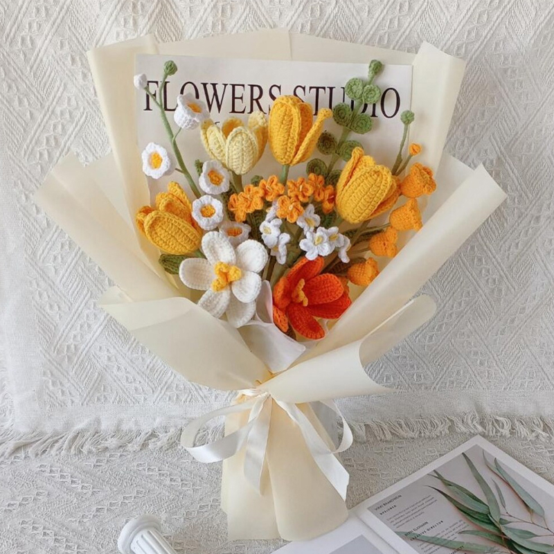 Personalized Handmade Crochet Sunflower Bouquet Knitted Floral Gift for Her Eternal Flower Arrangement Wedding Decor Mother’s Day