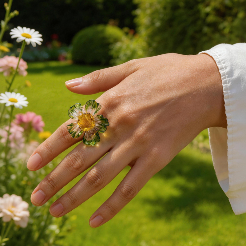 Handmade Lampwork Glass Flower Ring Cottagecore Floral Jewelry Unique Floral Jewelry Gift for Her Spring Birthday Gift