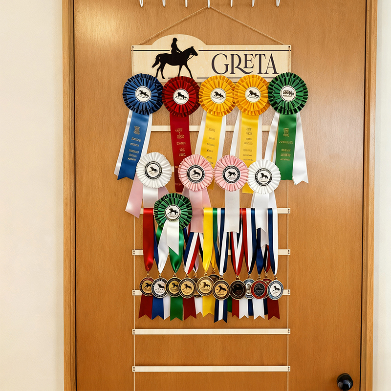 Personalized Equestrian Ribbon Display Rack with Name Horse Show Ribbon Holder Wall-Mounted Award Rack Gift for Horse Lover Rider