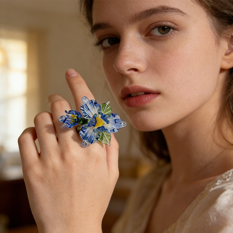 Personalized Custom Color Floral Glass Ring Handcrafted Statement Piece for Romantic Souls for Bridesmaids and Garden Enthusiasts