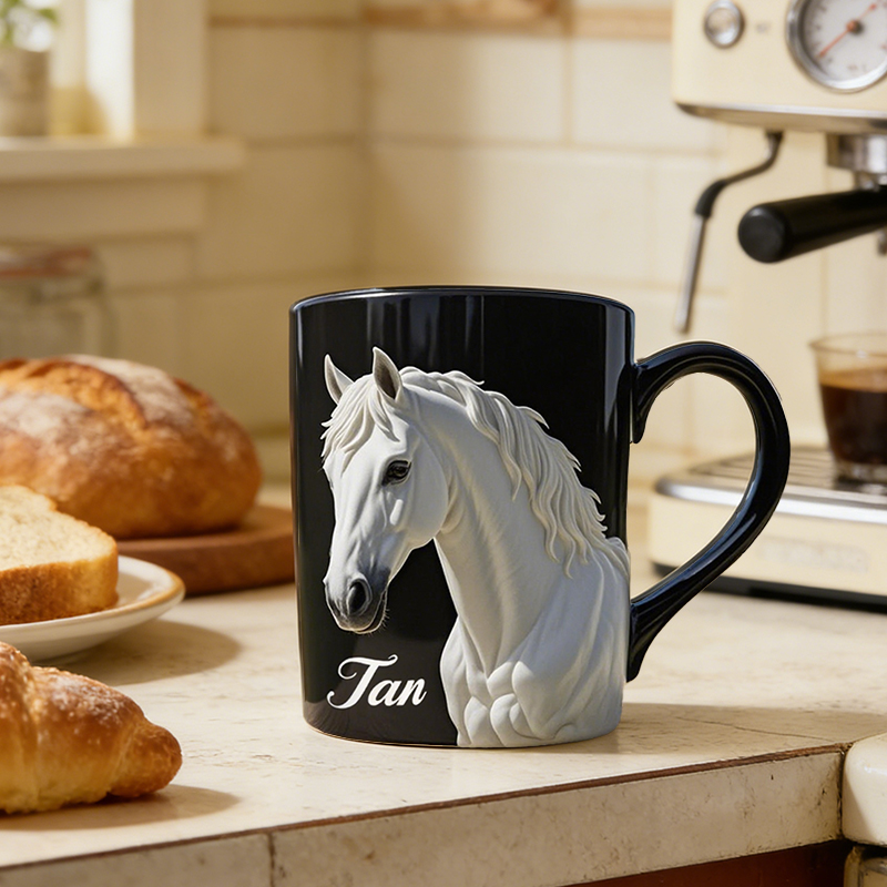 Personalized 3D White Horse Coffee Mug Custom Name Gift for Riders and Equestrian Enthusiasts