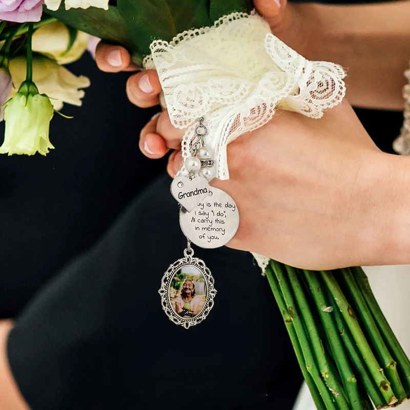 Personalized Lace Oval Photo Bouquet Charm with Heart Engraved Pendant Memorial Wedding Gift for Bride