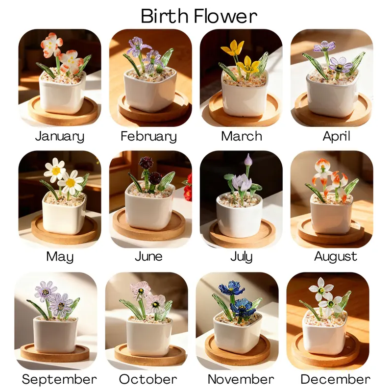 Personalized Glass Everlasting Birth Flowers Potted Mom Flower Gift Hand Blown Glass Potted Mothers Day Gifts Gift for Mom Grandma Aunties Sisters