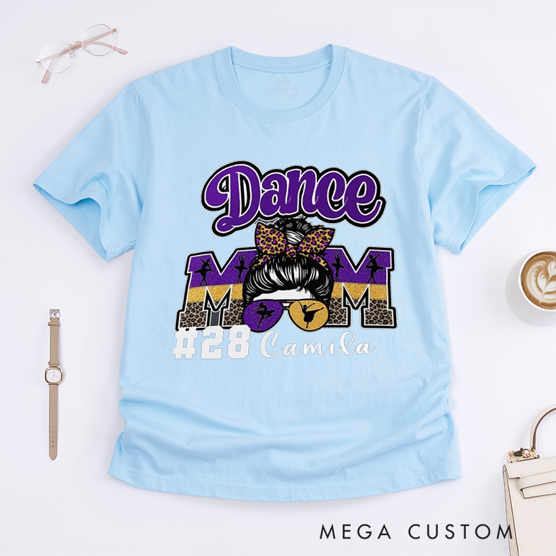 Personalized Dance Mom T-Shirt Custom Dance Team Name Number Gift for Women Cute Leopard Print Hair Bow Dance Mama for Dance Mom Support