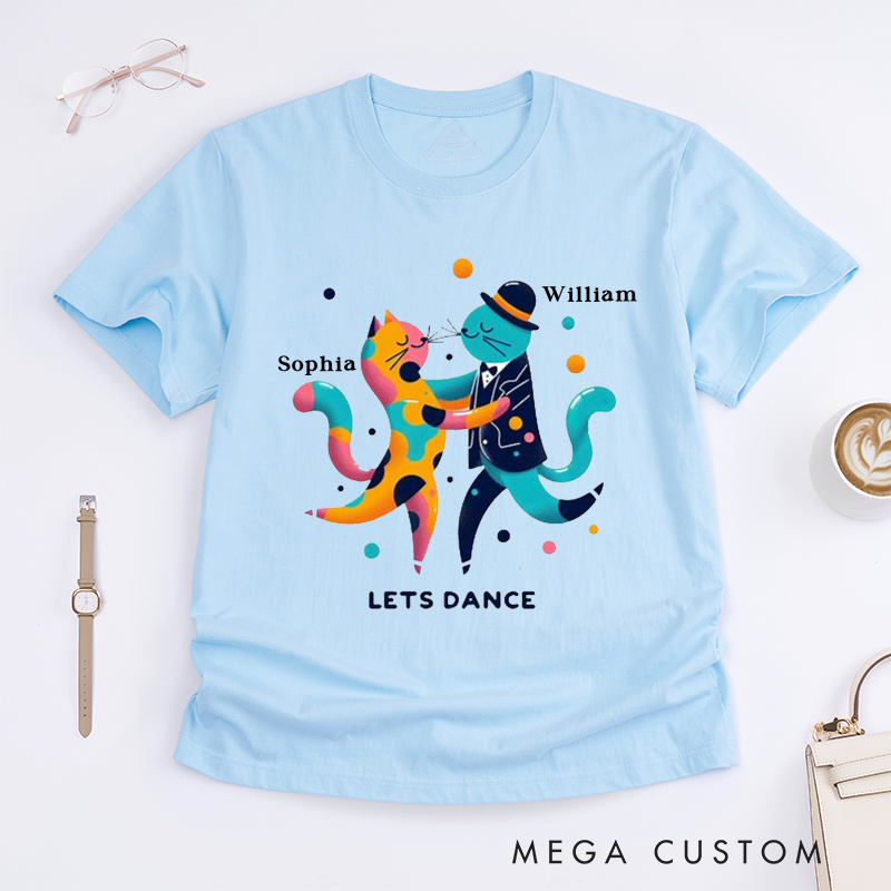 Personalized Classic T-Shirts Dancing Cats Custom Name Cute Gift for Couples Friends Fun Colorful Animal Art Dance Unique Present