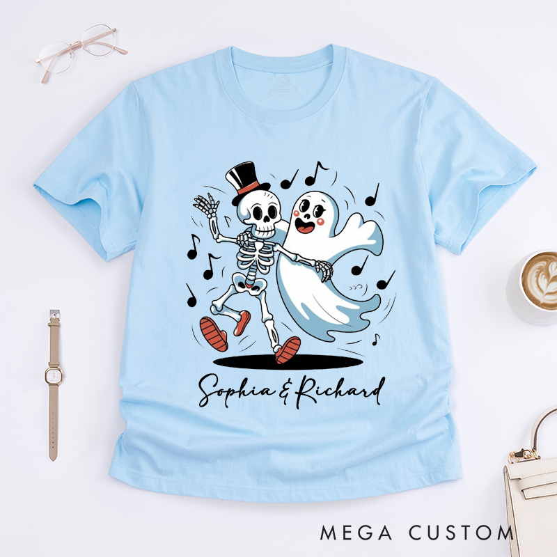 Personalized Dancing Skeleton and Cute Ghost Unisex T-Shirts Halloween Gift Custom Name Spooky Present for Friends Family Lovers Unique Costume